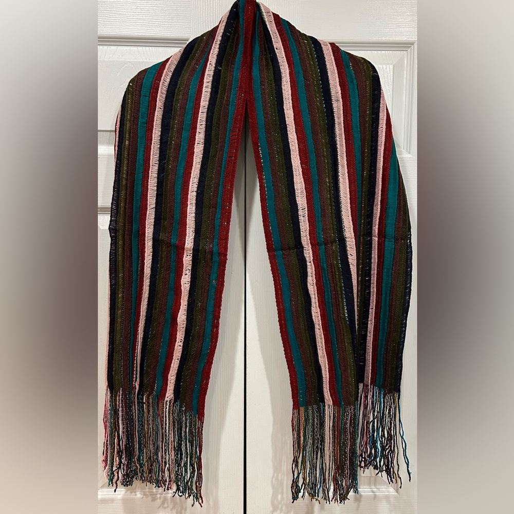 Womens Scarf Wrap Fringe Long Multicolor Missoni Look Boho Pleat Textured Fun